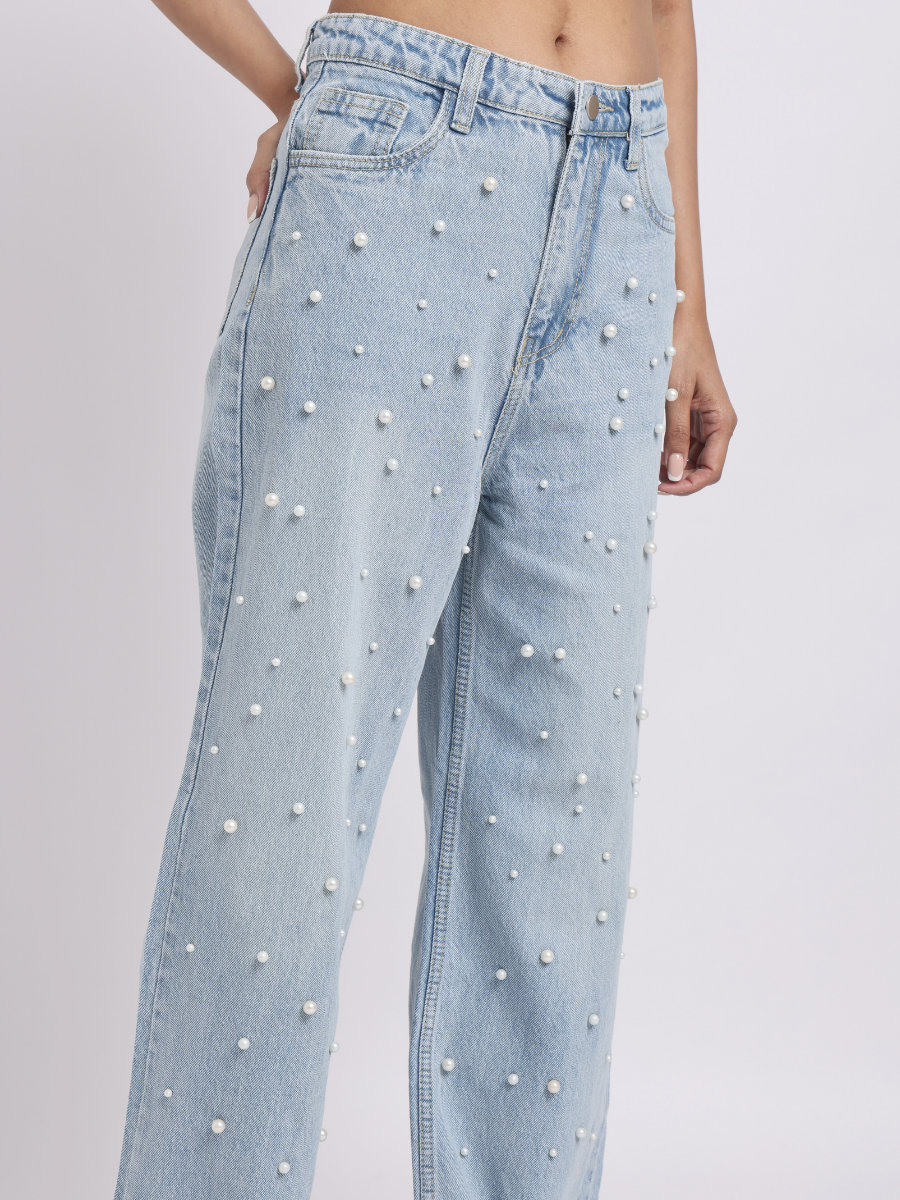 Light Blue Pearl-Embellished Wide-Leg Denim Jeans