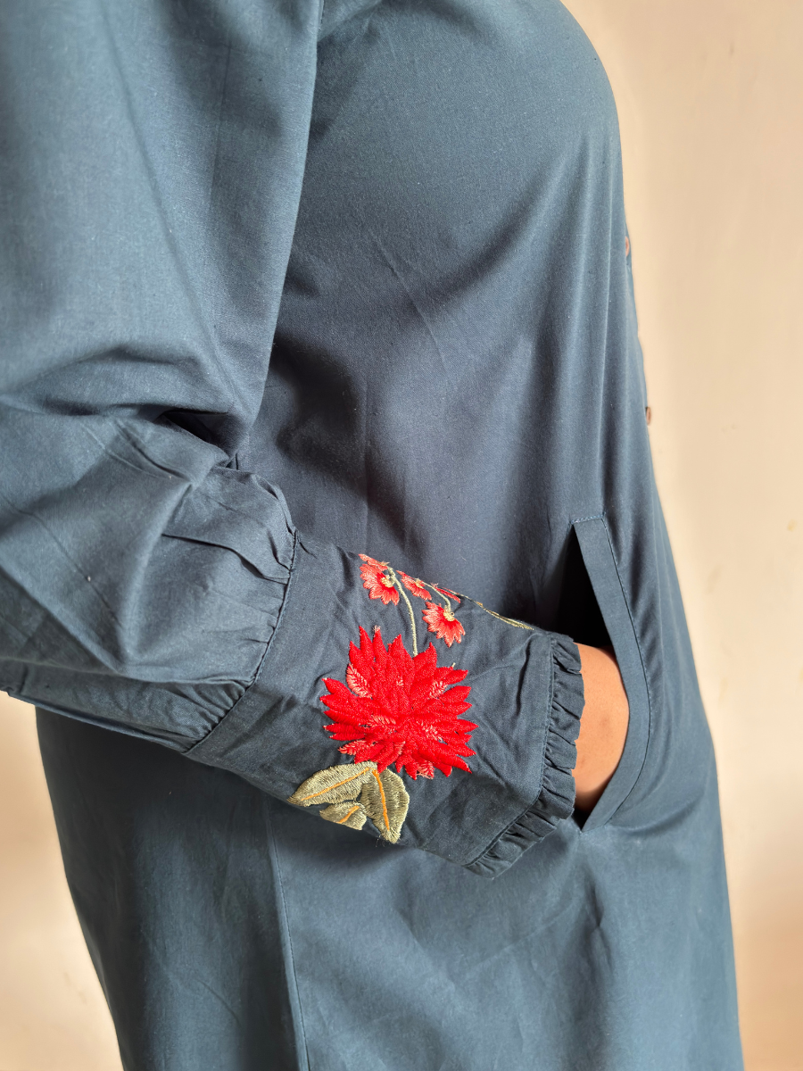 Embroidered Blue Collar Dress