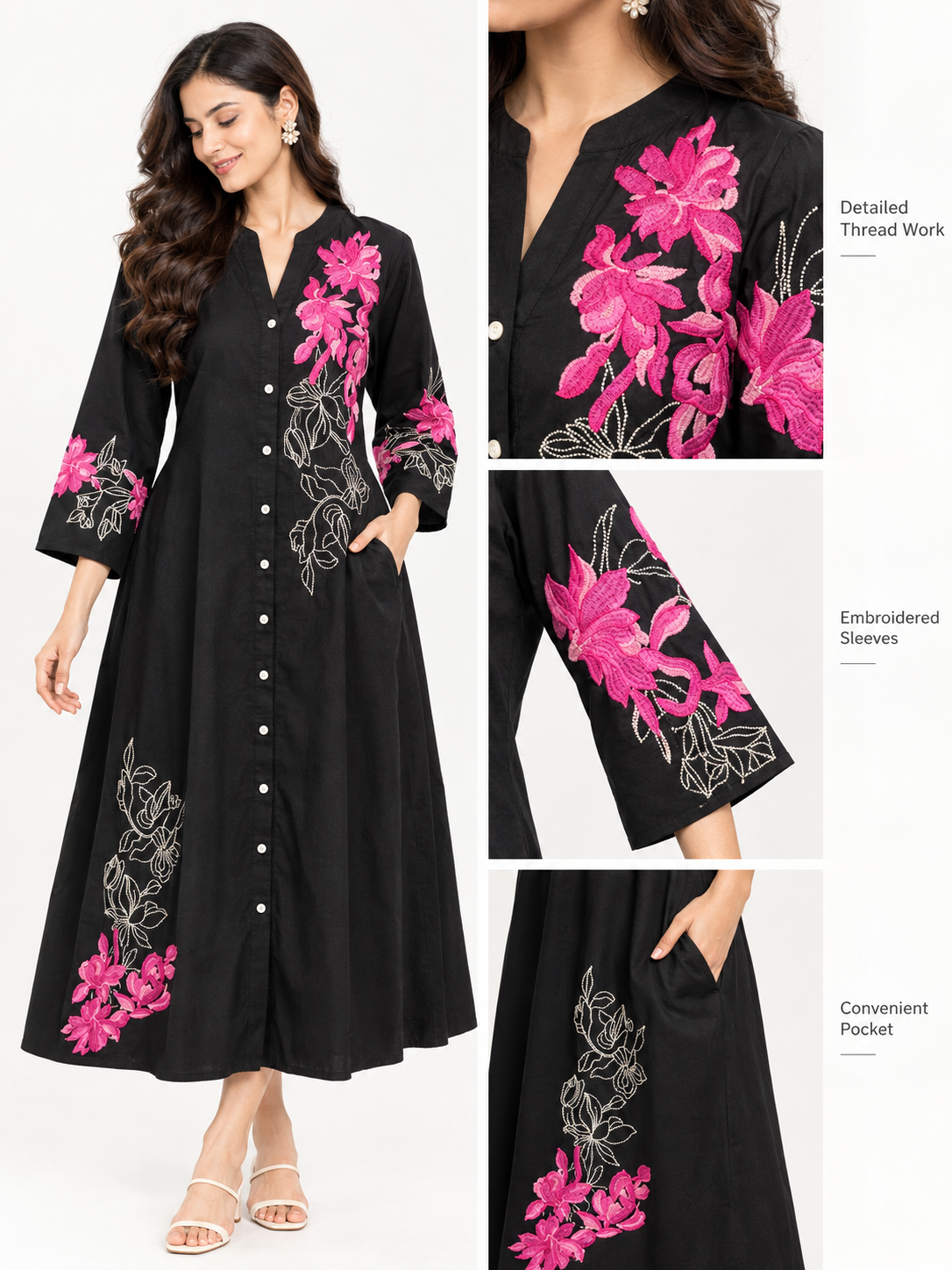 Black Embroidered Cotton A-Line Midi Dress