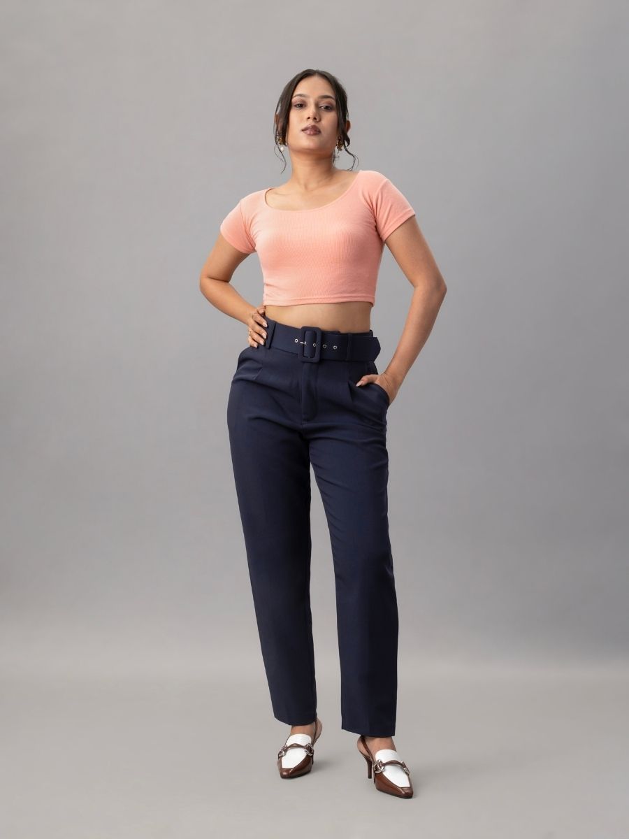 Navy High Waist Tapered Trousers with Belt