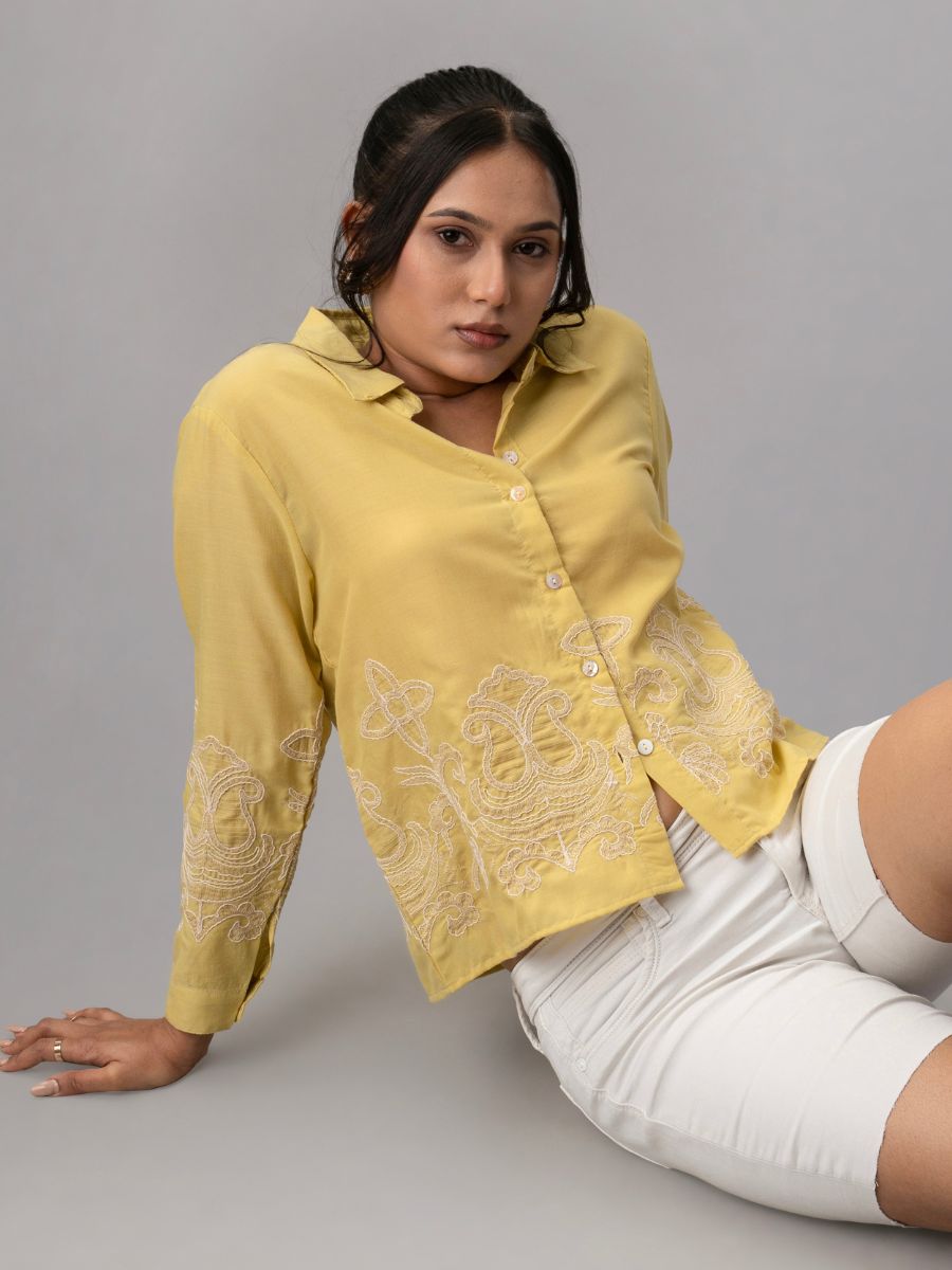 Mustard Yellow Shirt with Intricate Beige Embroidery
