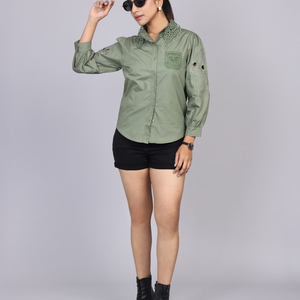 Olive Cutwork Embroidered Cotton Shirt