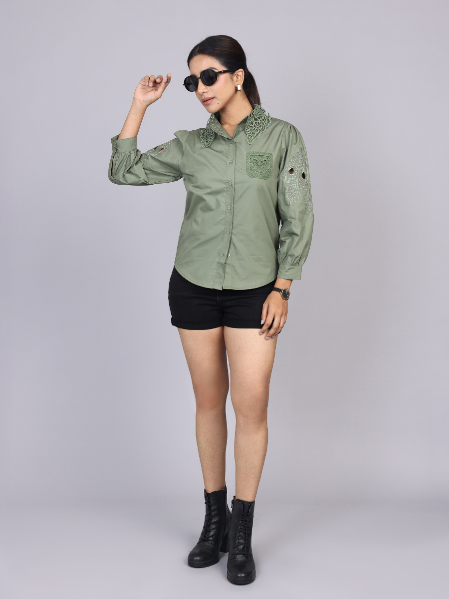 Olive Cutwork Embroidered Cotton Shirt