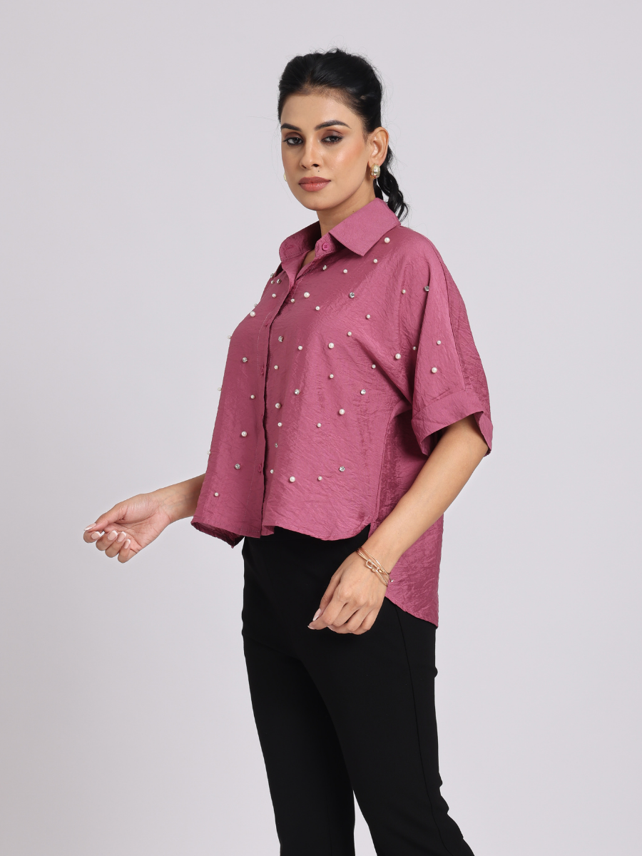 Rosy Pink Pearl-Diamond Oversized Shirt