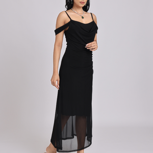 Black Draped Cold-Shoulder Sheer Hem Maxi Dress