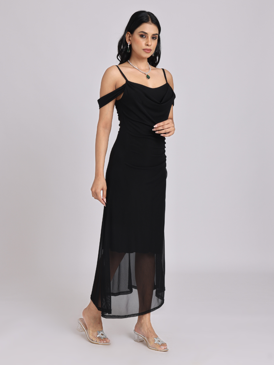 Black Draped Cold-Shoulder Sheer Hem Maxi Dress
