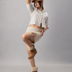 Beige Houndstooth Knit Crop Shirt
