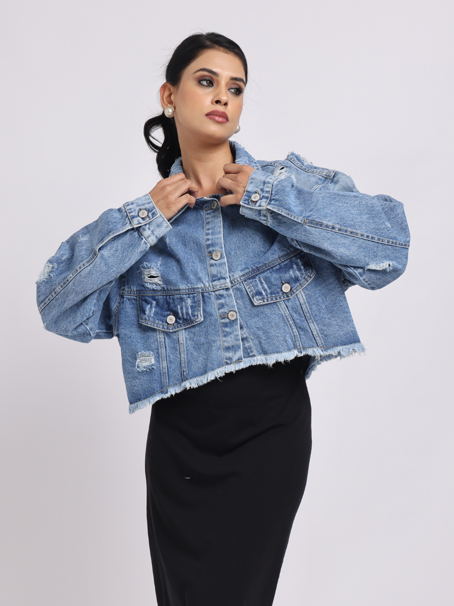 Distressed Cropped Denim Jacket