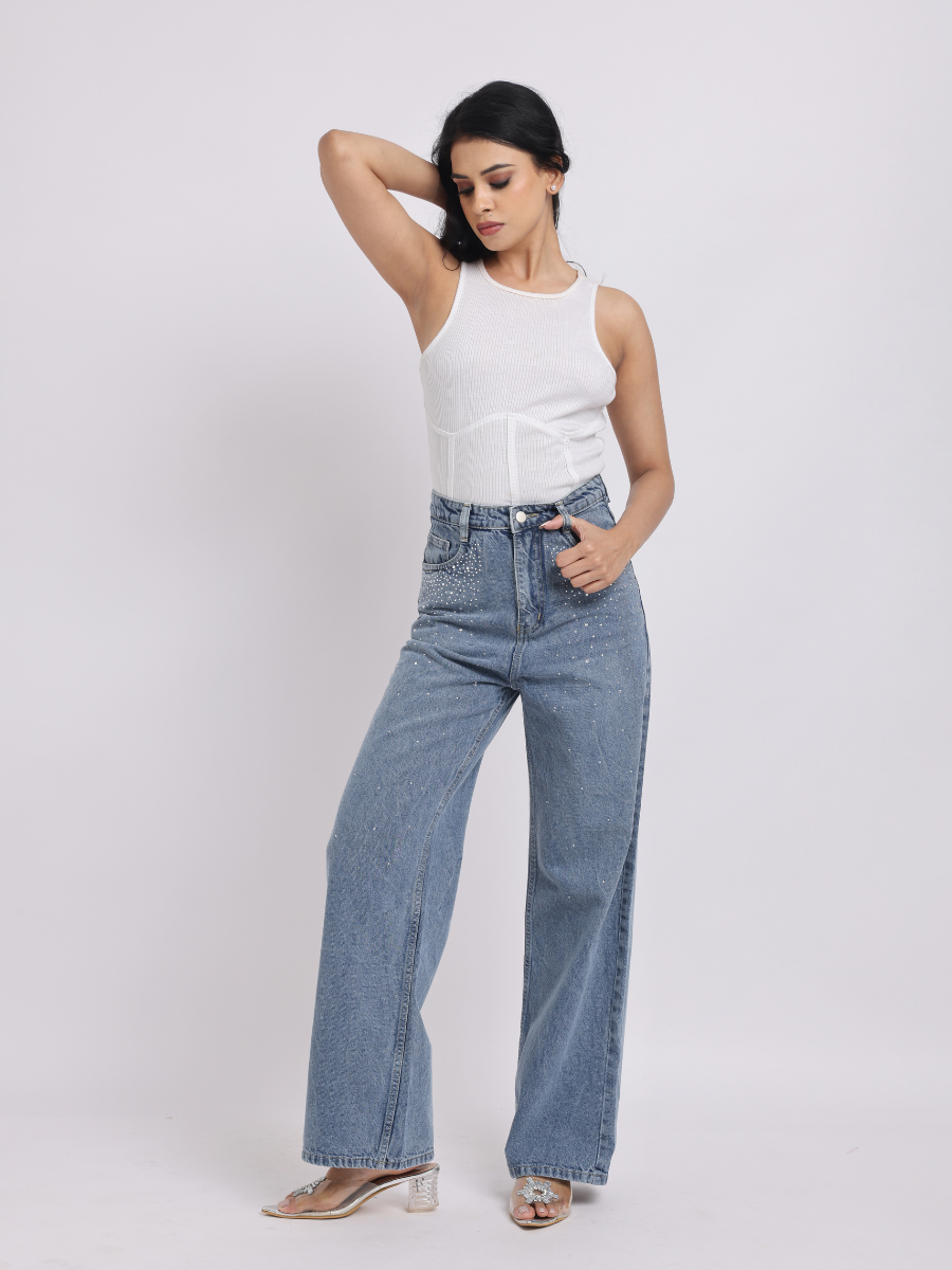 Blue Rhinestone-Embellished Wide-Leg Denim Jeans