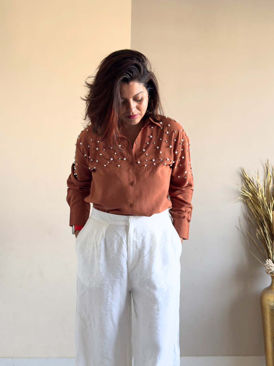 Brown Fit Pearl & Diamond-Embellished Shirt