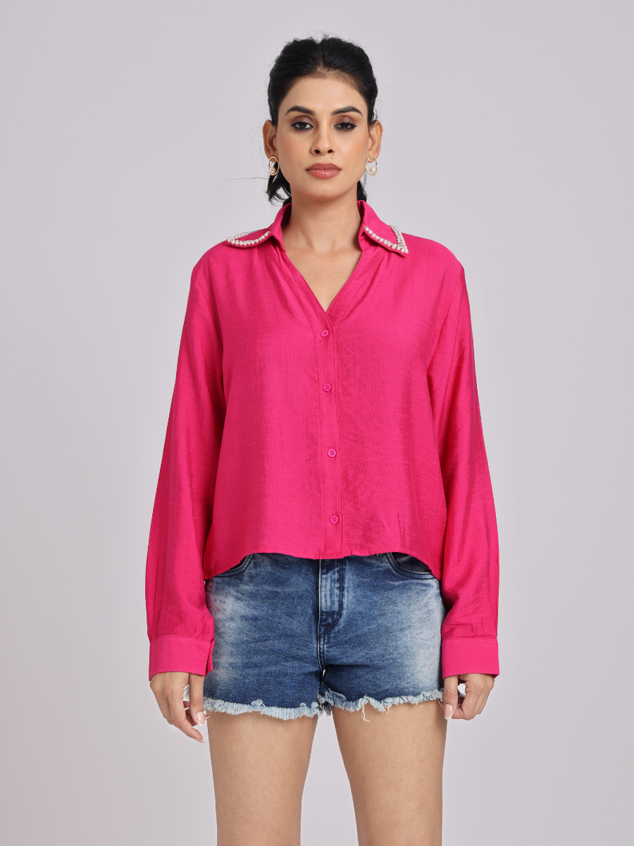 Hot Pink Pearl Collar Shirt