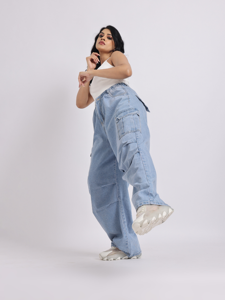 Light Blue Wide-Leg Cargo Jeans