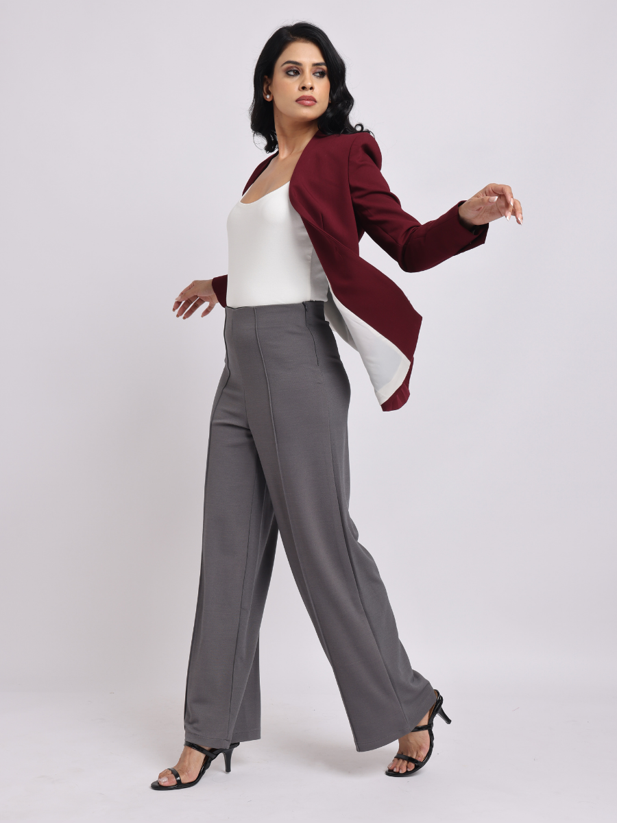 Grey High-Waist Tailored Wide-Leg Trousers