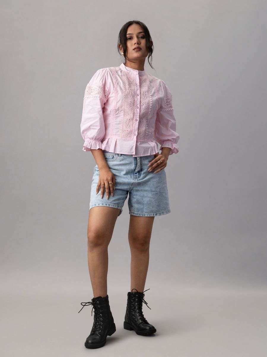 Rose Reverie Pink Lace Victorian Puff Sleeve Top
