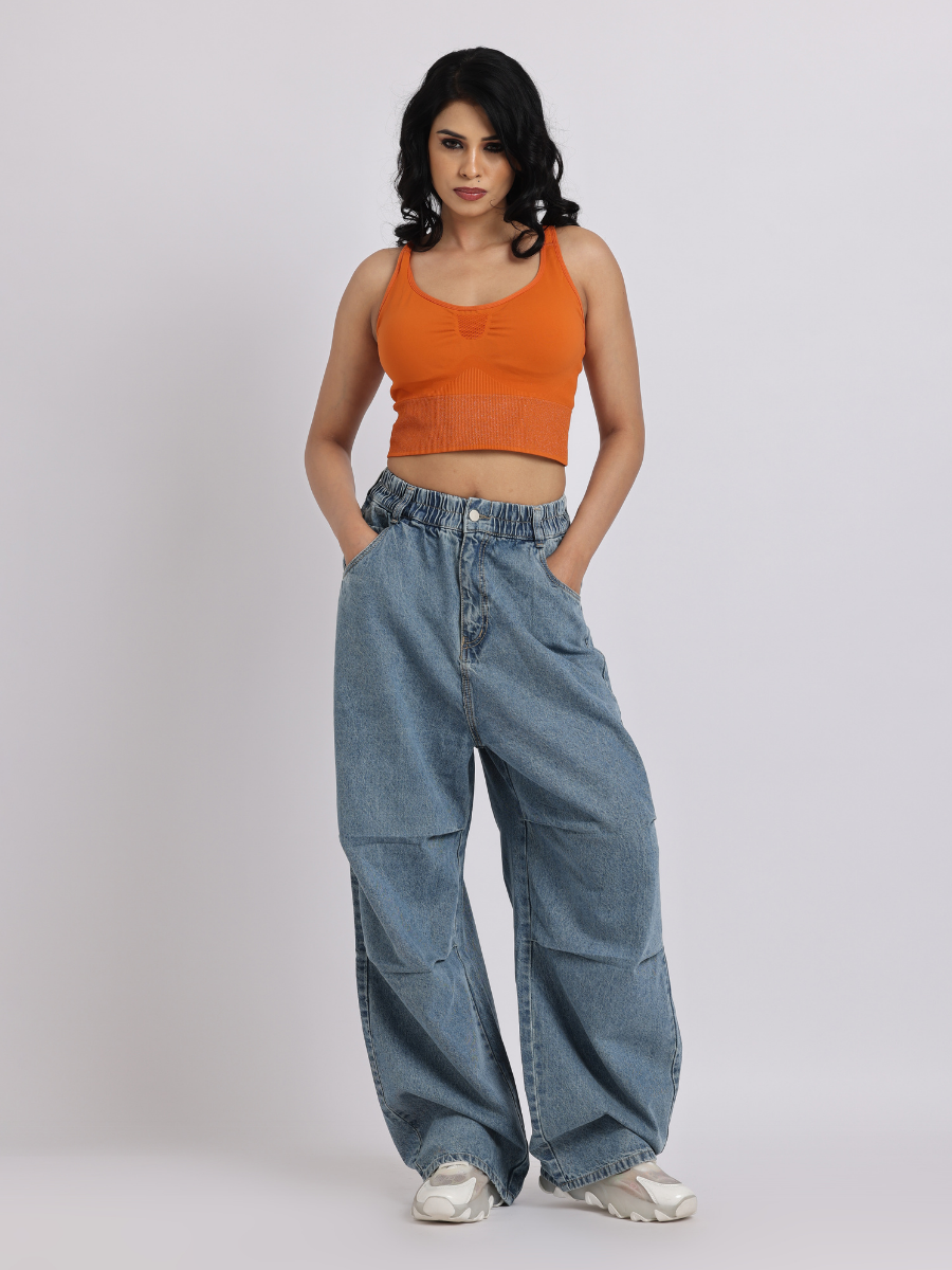 High-Waist Elasticated Wide-Leg Denim Jeans