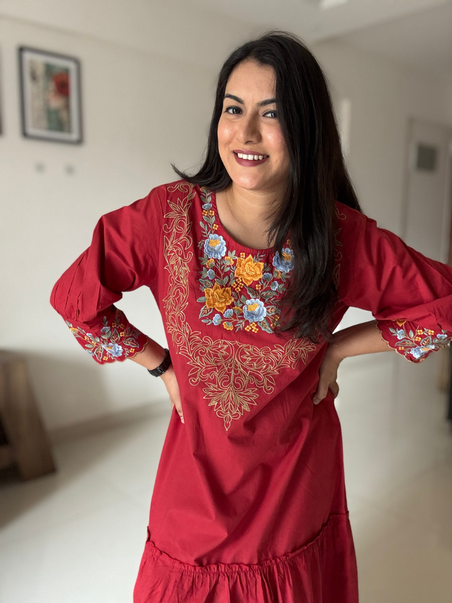Red Embroidered Cotton Dress