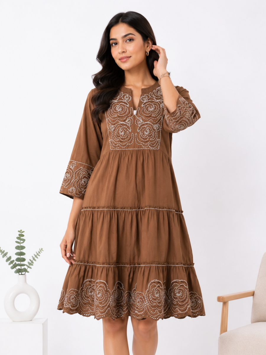 Mocha Rose Embroidered Cotton Dress