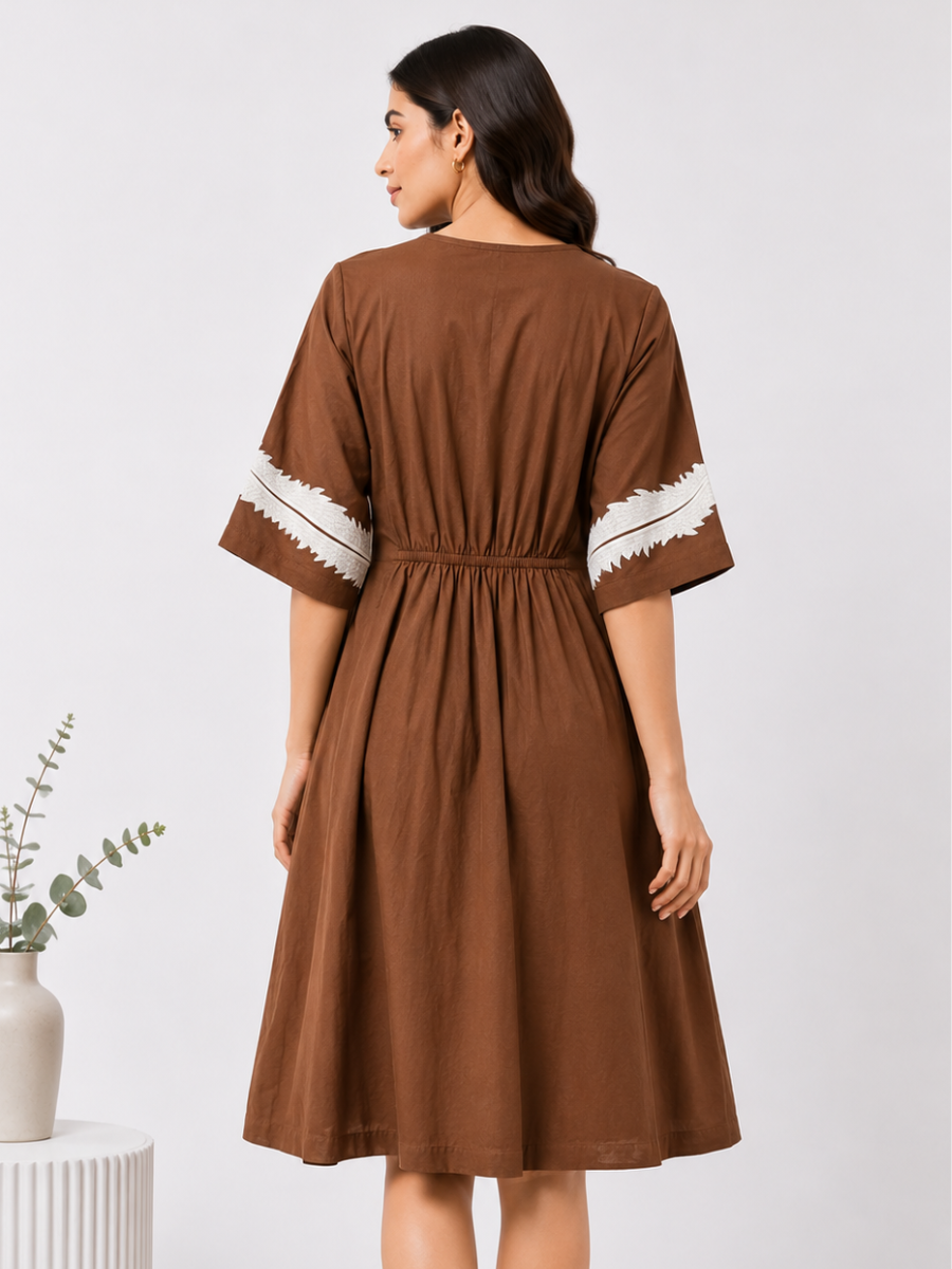 Mocha Brown Embroidered Flared Dress