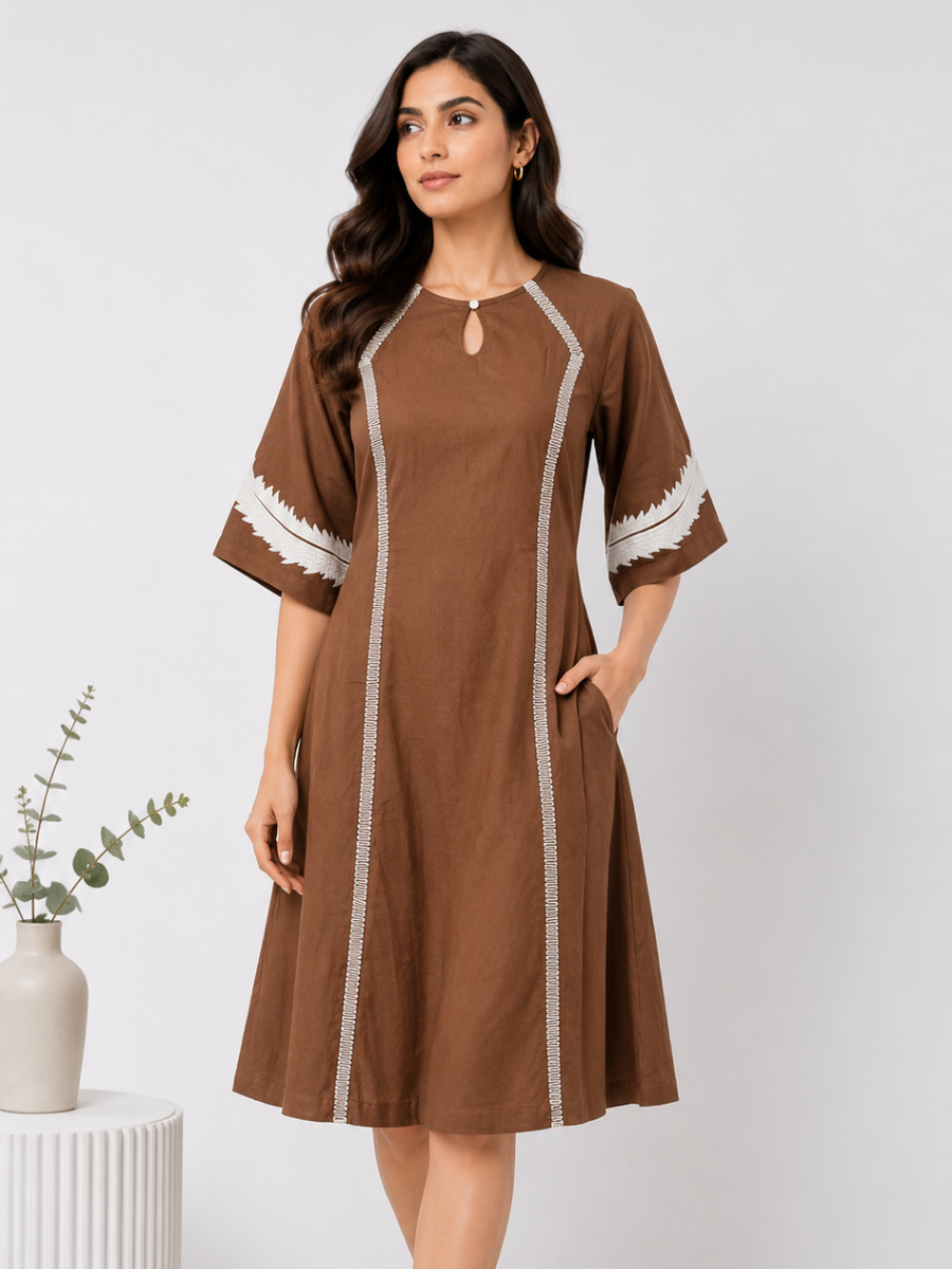 Mocha Brown Embroidered Flared Dress