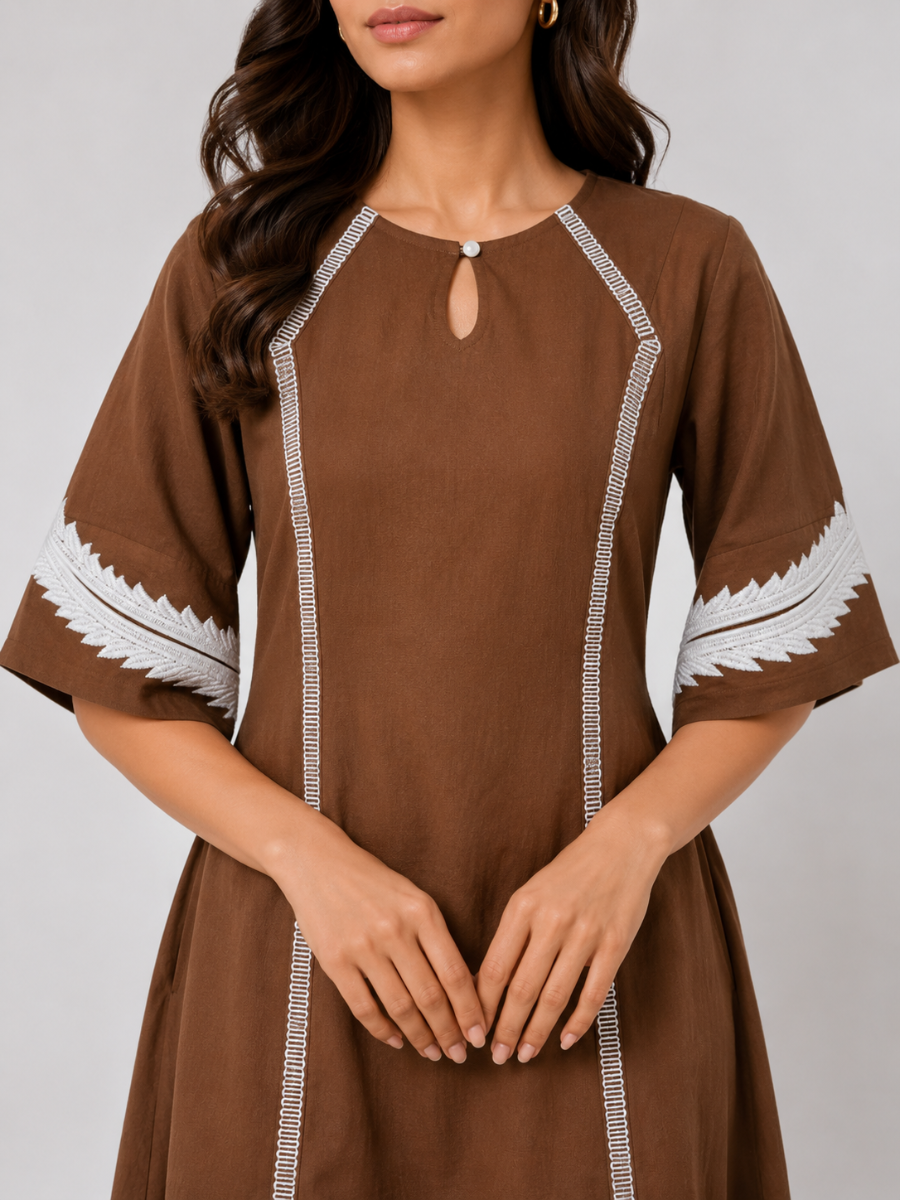 Mocha Brown Embroidered Flared Dress