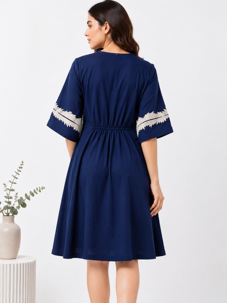 Midnight Blue Embroidered Flared Dress