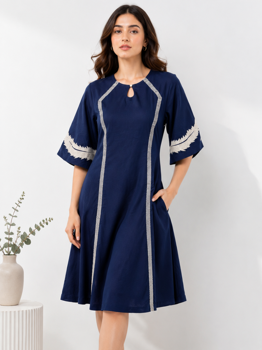 Midnight Blue Embroidered Flared Dress
