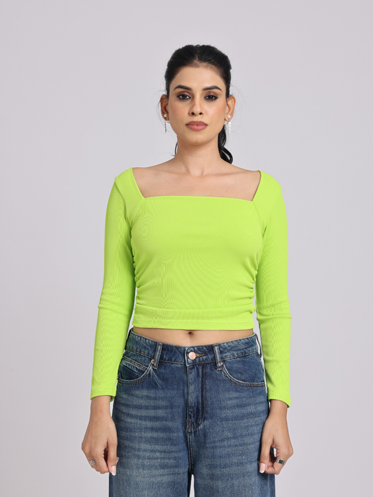 Lime Green Side Elastic Ruched Crop Top