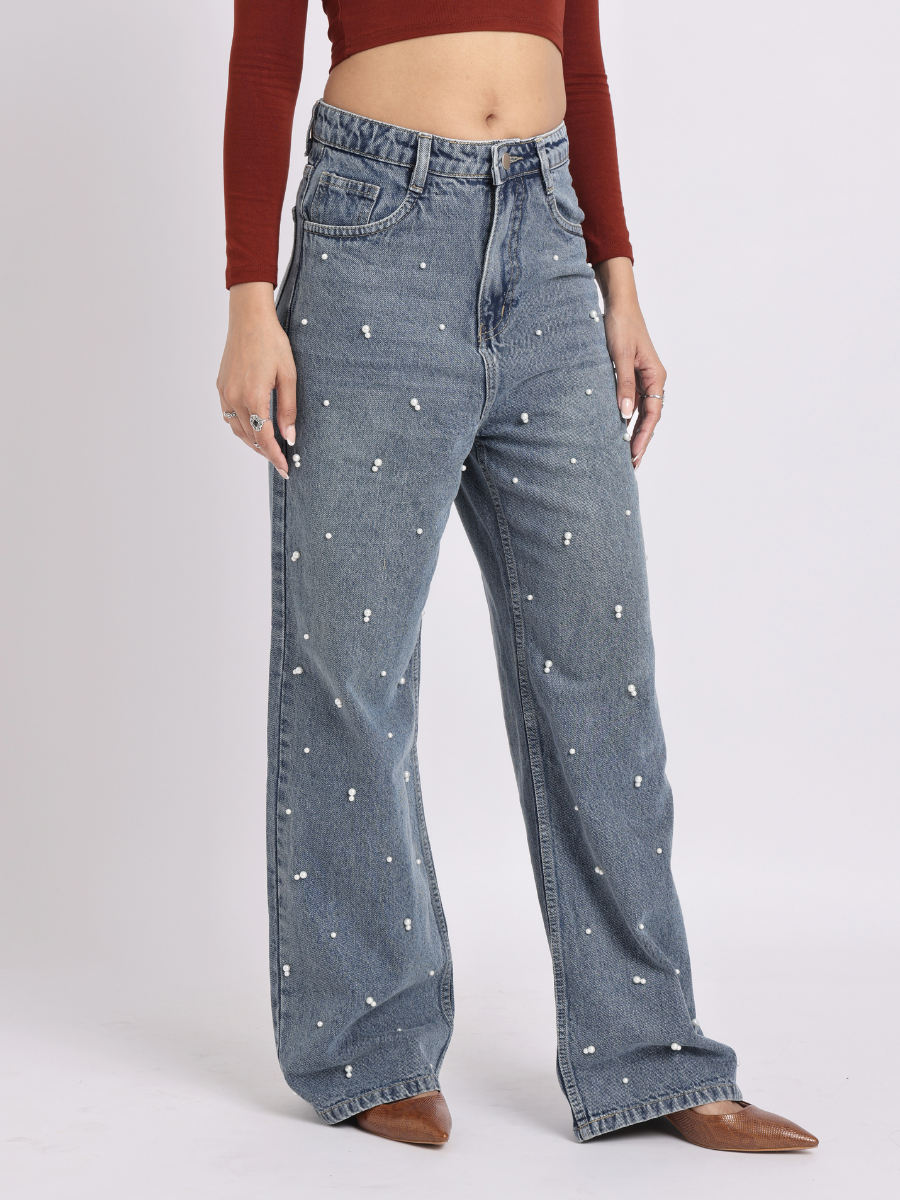 Mid-Rise Pearl-Studded Blue Denim Jeans