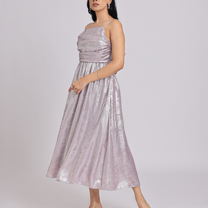 Metallic Lavender Back-Bow Midi Dress