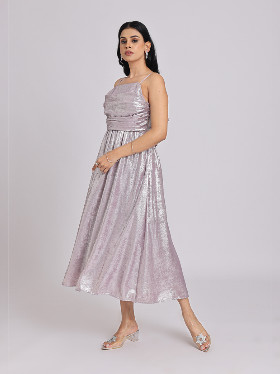 Metallic Lavender Back-Bow Midi Dress