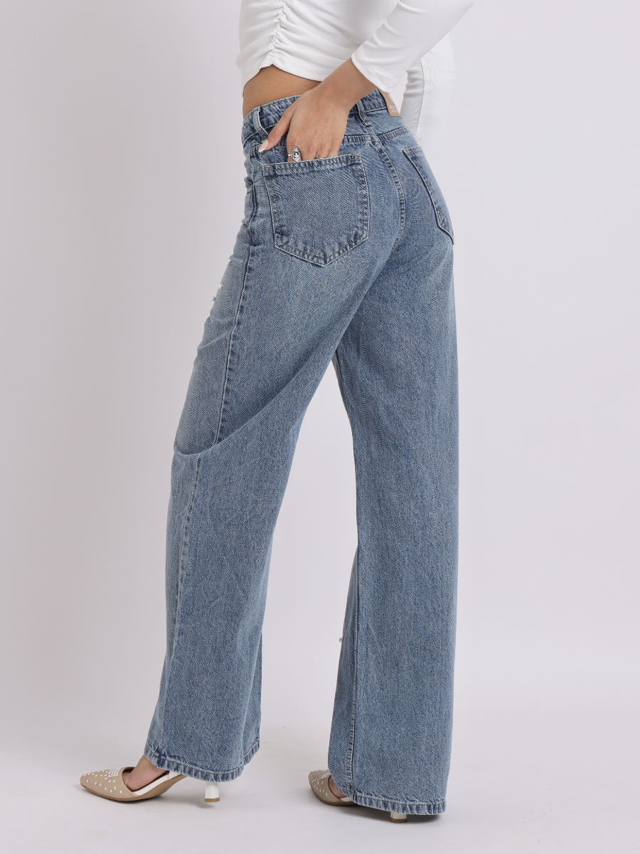 Vintage Light Blue Pearl Bow Straight-Fit Denim Jeans