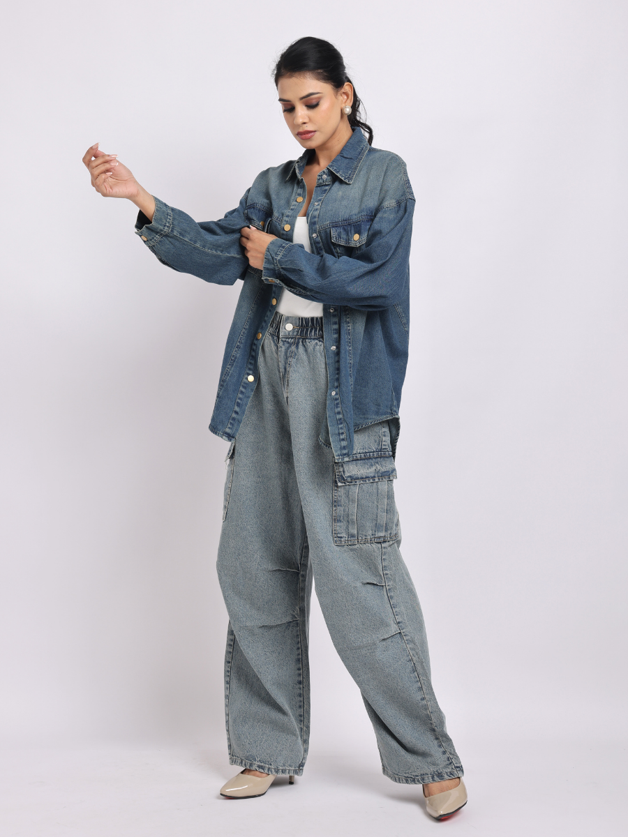 Mid Blue Oversized Denim Shirt with Dropped Shoulder