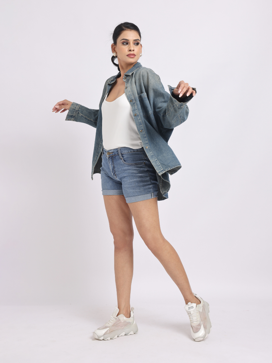 Oversized Mid Blue Denim Shirt with Dropped Shoulder
