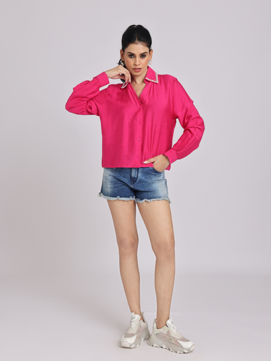 Hot Pink Pearl Collar Shirt