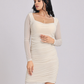 Ivory Ruched Mesh-Sleeve Bodycon Mini Dress