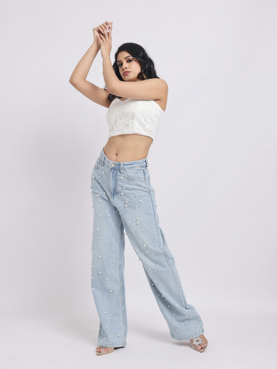 Light Blue Pearl-Embellished Wide-Leg Denim Jeans