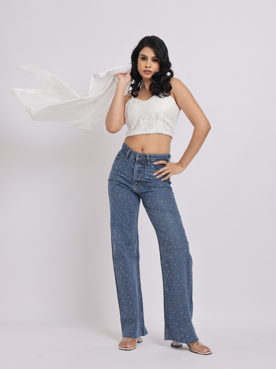 Mid-Blue Rhinestone Studded Straight-Fit Denim Jeans
