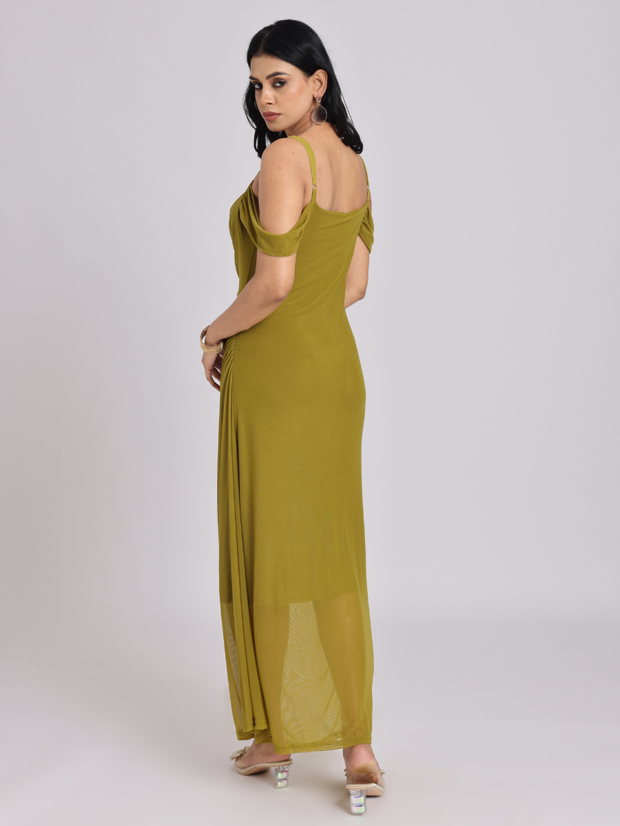 Olive Green Draped Cold-Shoulder Maxi Dress