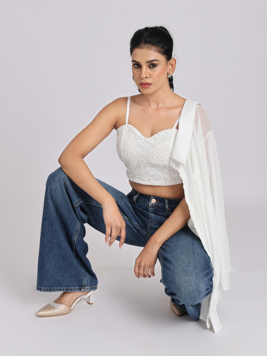 White Lace Crop Top with Sheer Shirt