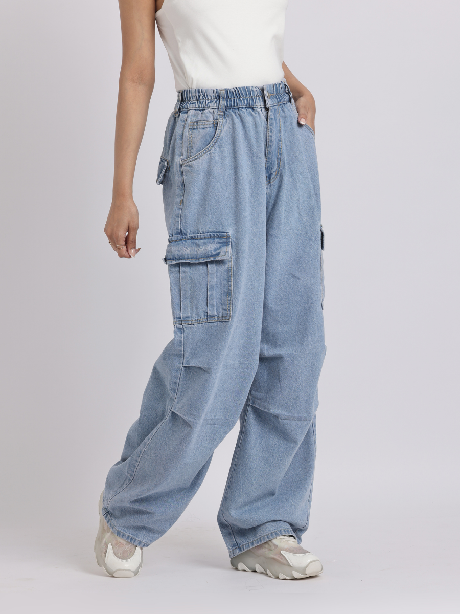 Light Blue Wide-Leg Cargo Jeans