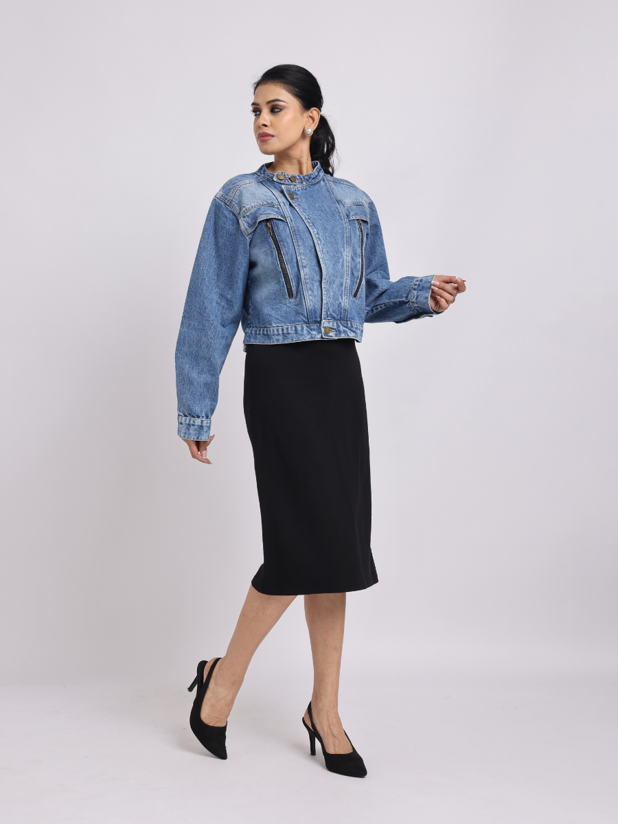 Blue Cropped Denim Jacket with Front Zip Detailing
