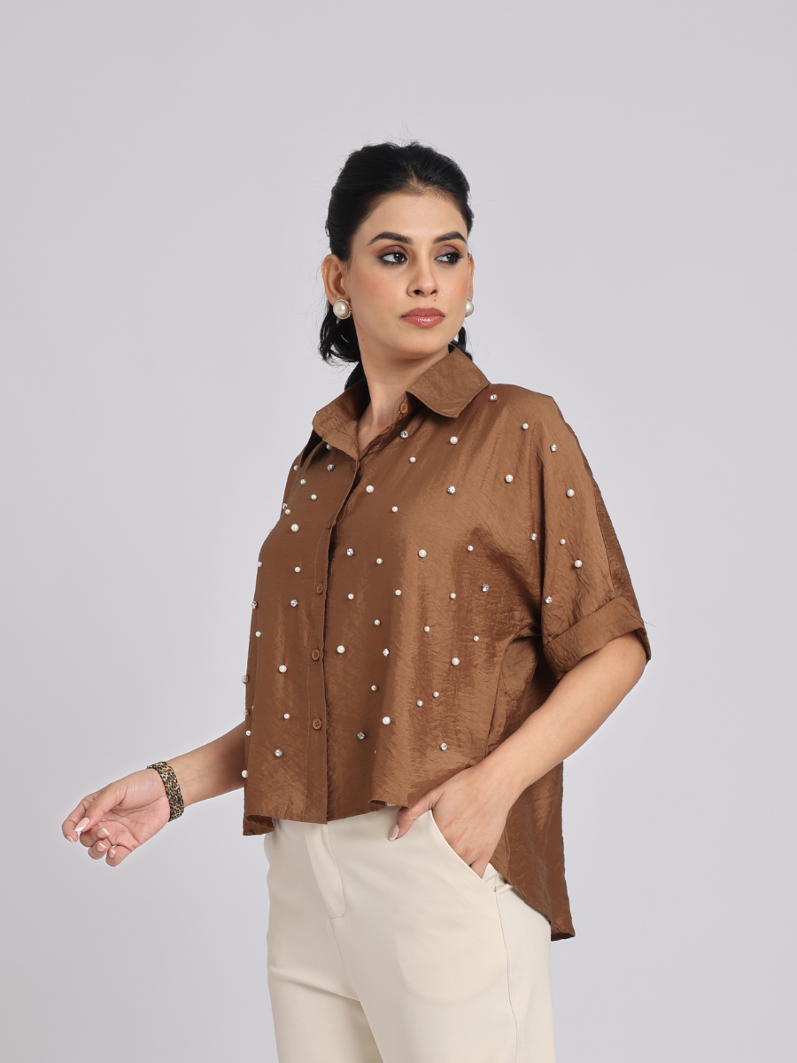 Cocoa Brown Pearl-Diamond Oversized Shirt