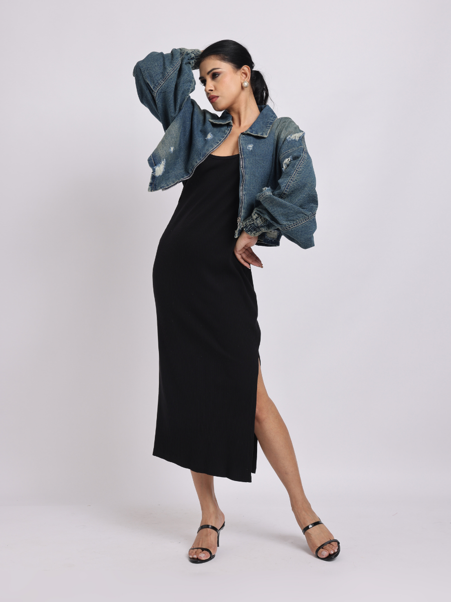 Blue Distressed Denim Jacket with Zip Closure