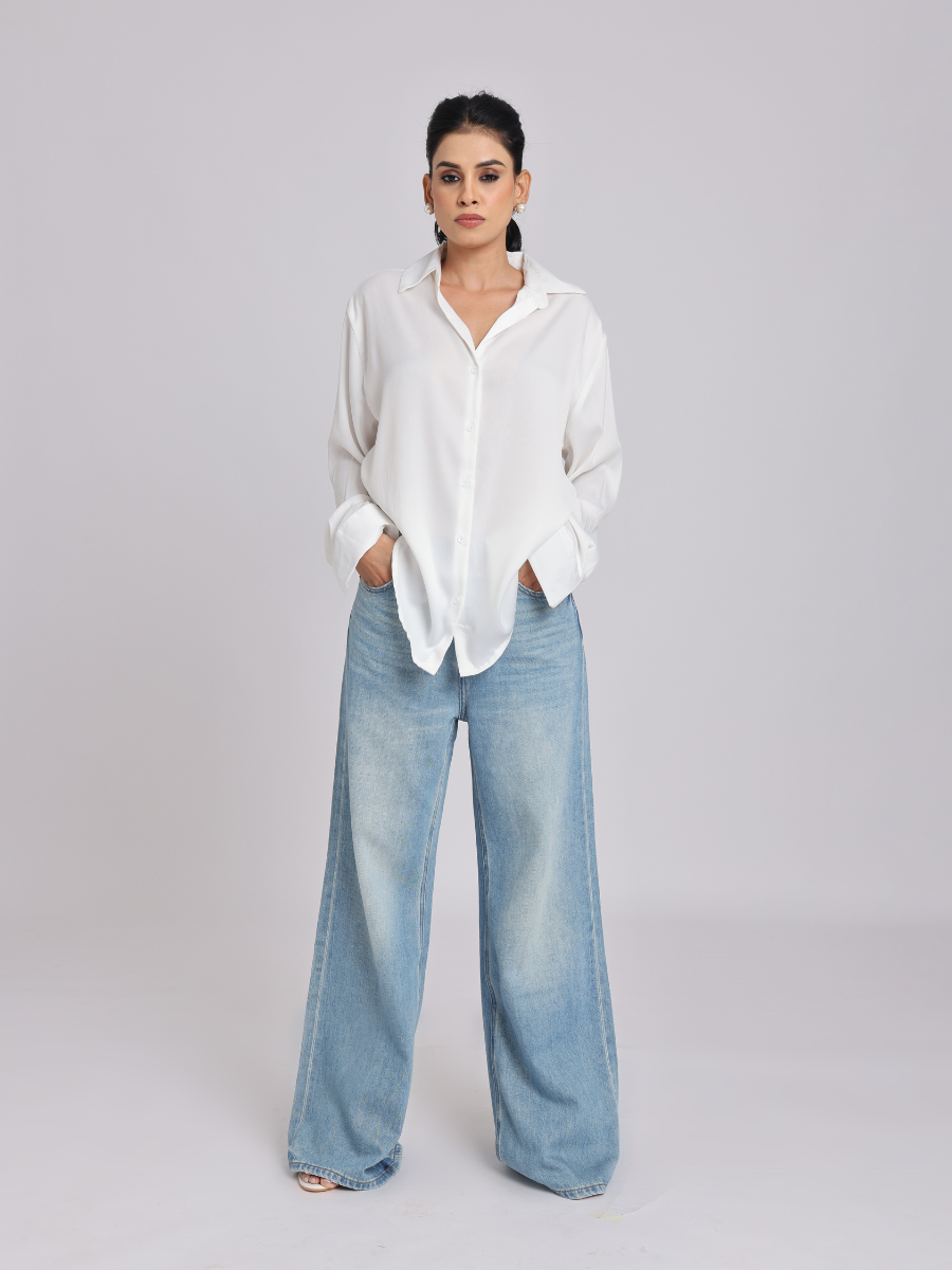 Elegant White Satin Collared Shirt