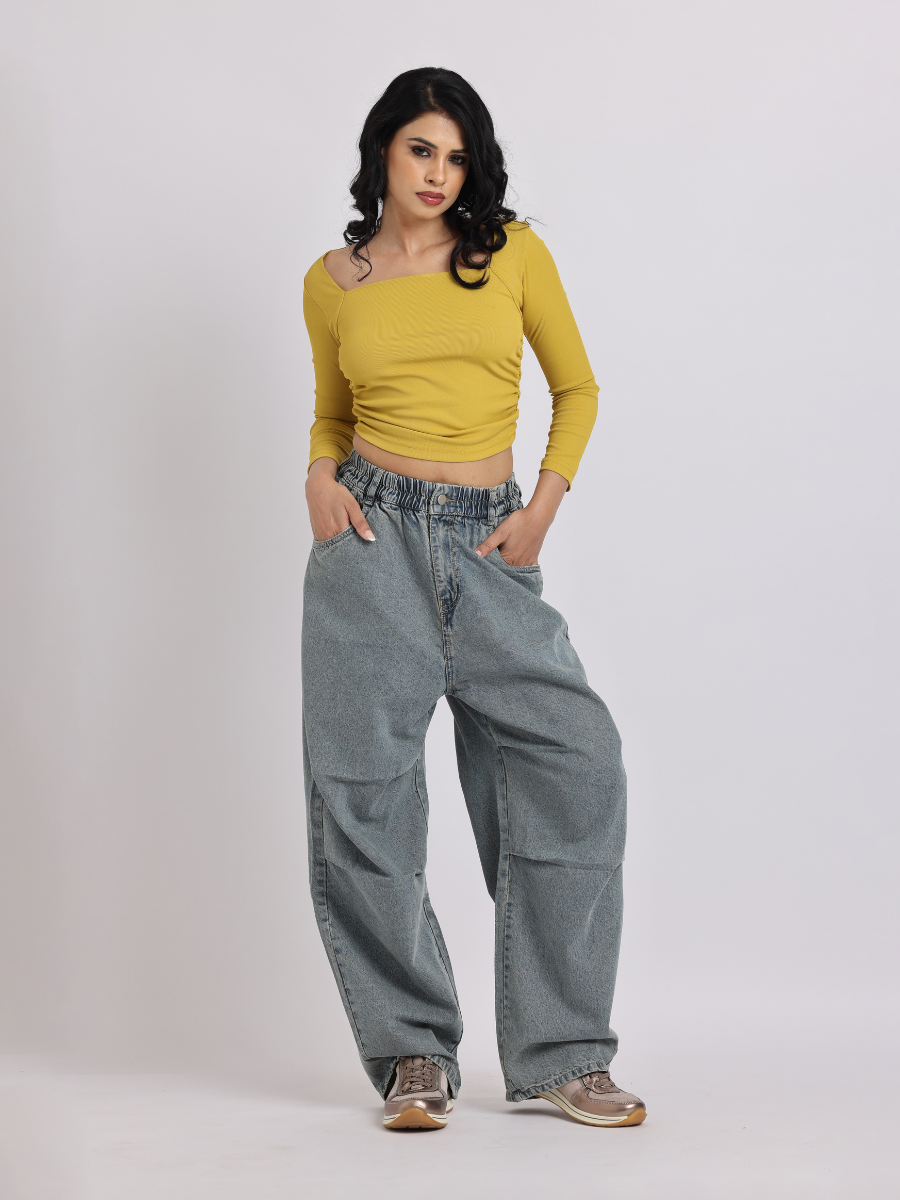 Grey Elastic Waist Wide-Leg Denim Jeans