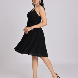 Black Halter-Neck Tiered Midi Dress