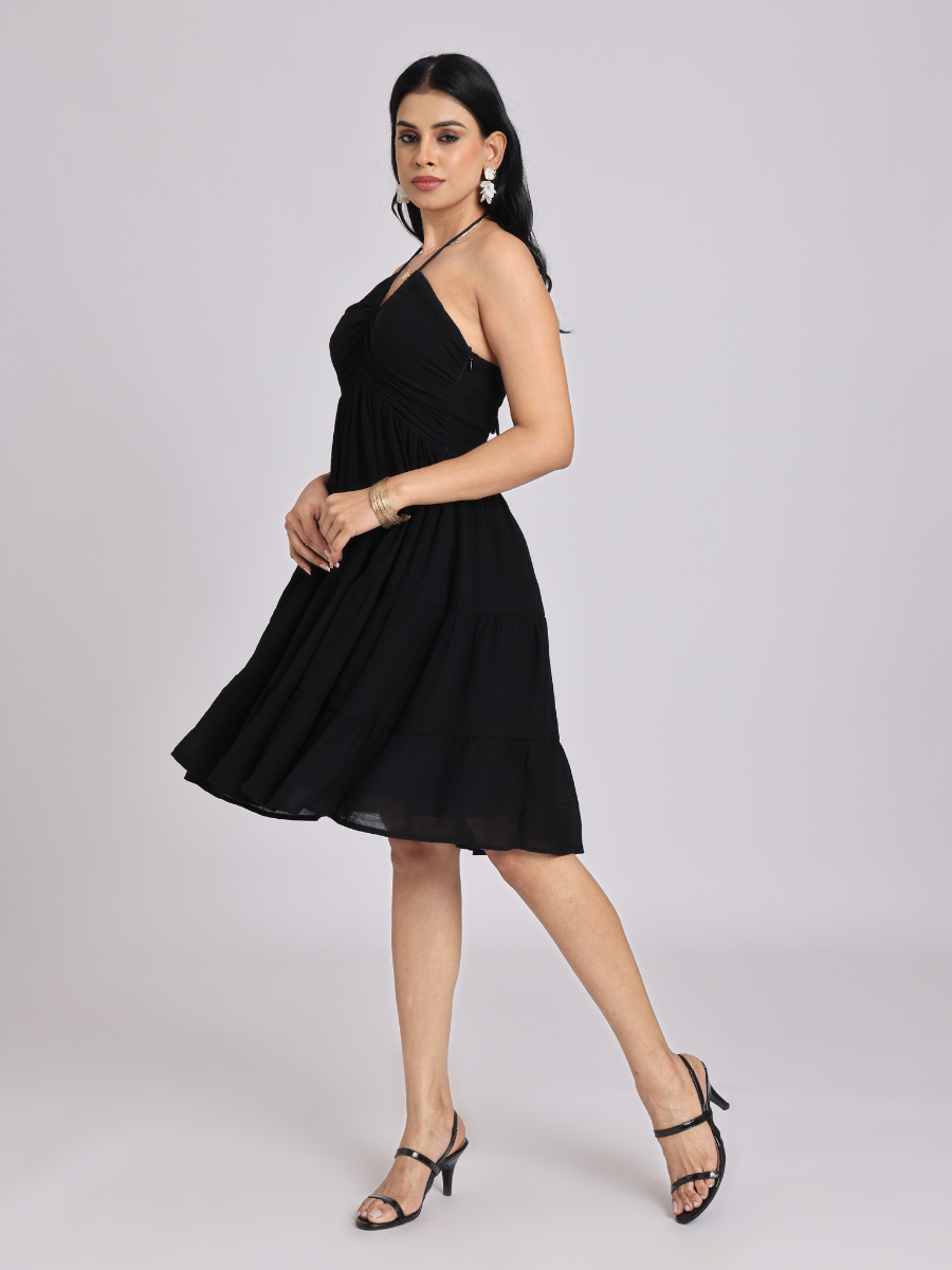 Black Halter-Neck Tiered Midi Dress