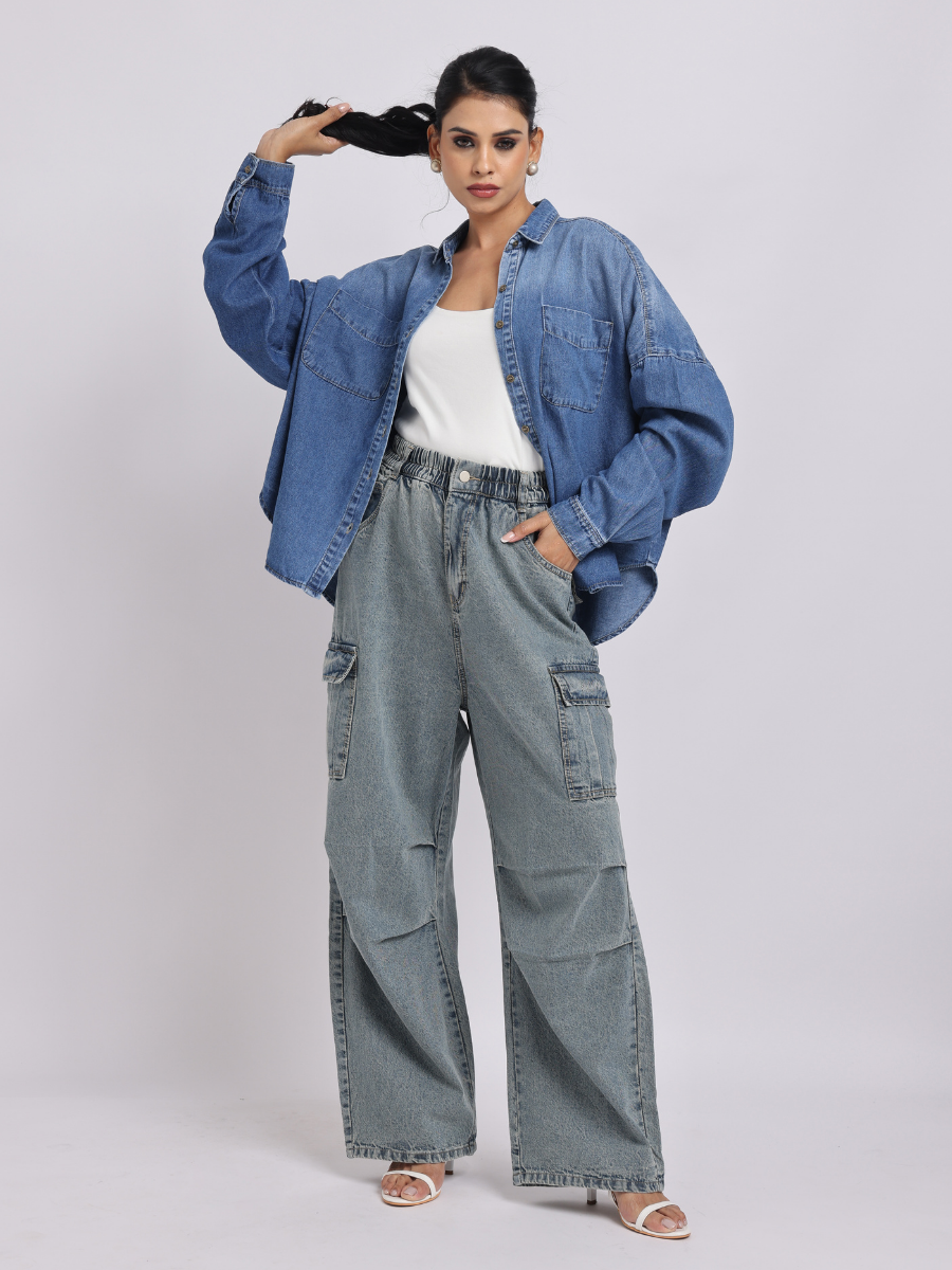 Oversized Blue Denim Shirt with Dropped Shoulder