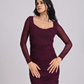 Wine Ruched Mesh-Sleeve Bodycon Mini Dress