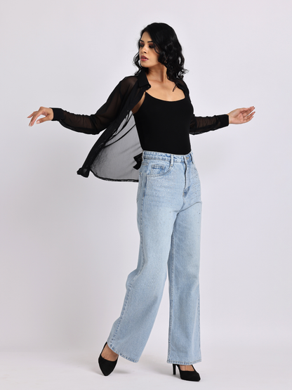 Light Blue Rhinestone-Embellished Wide-Leg Denim Jeans